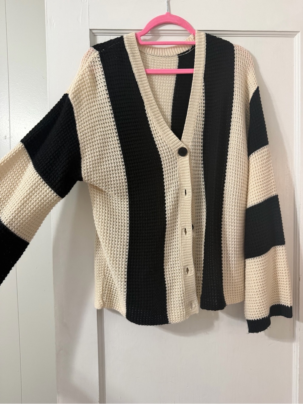 Black and Cream Striped Button-Front Women's Cardigan Sweater